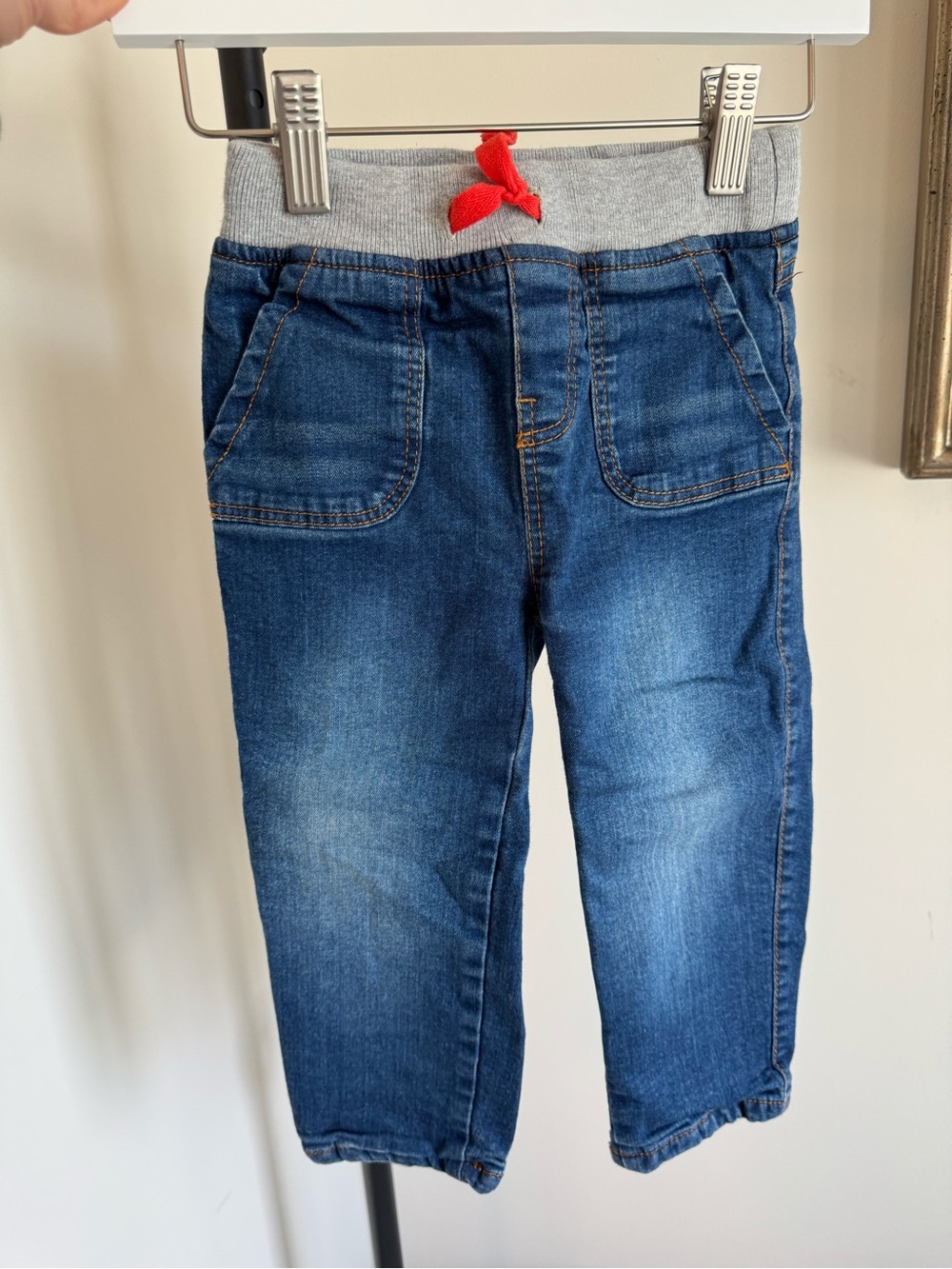 Baby Boden Gray-Waist Denim Joggers with Red Drawstring